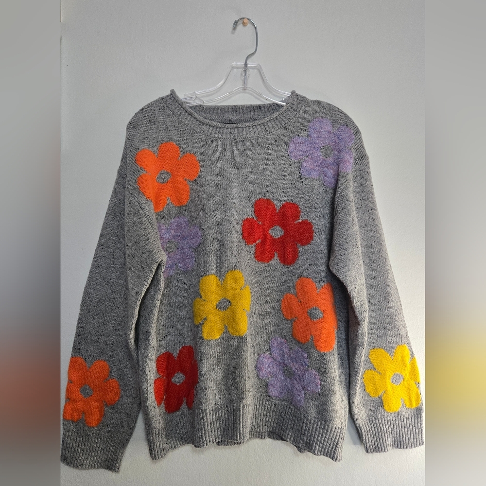 Blank NYC Gray Sweater with Floral Accents